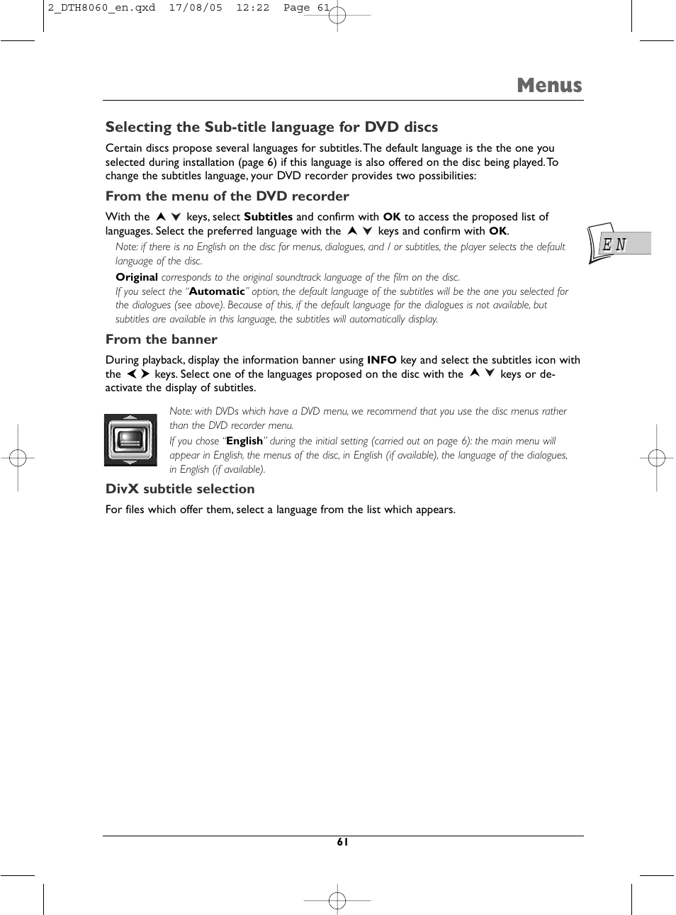 Menus, Selecting the sub-title language for dvd discs | Technicolor - Thomson DTH8060 User Manual | Page 61 / 75