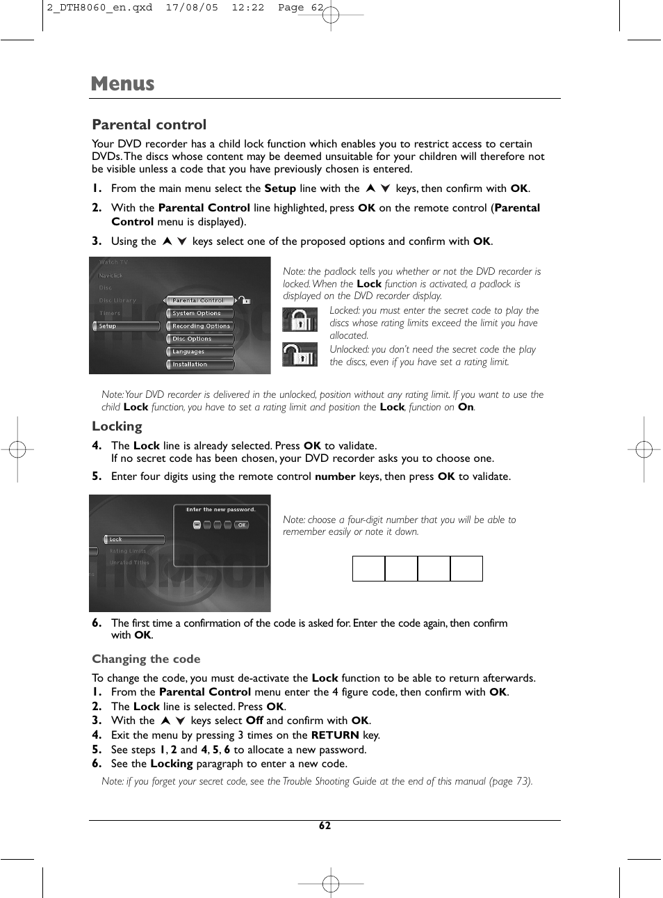 Menus, Parental control | Technicolor - Thomson DTH8060 User Manual | Page 62 / 75