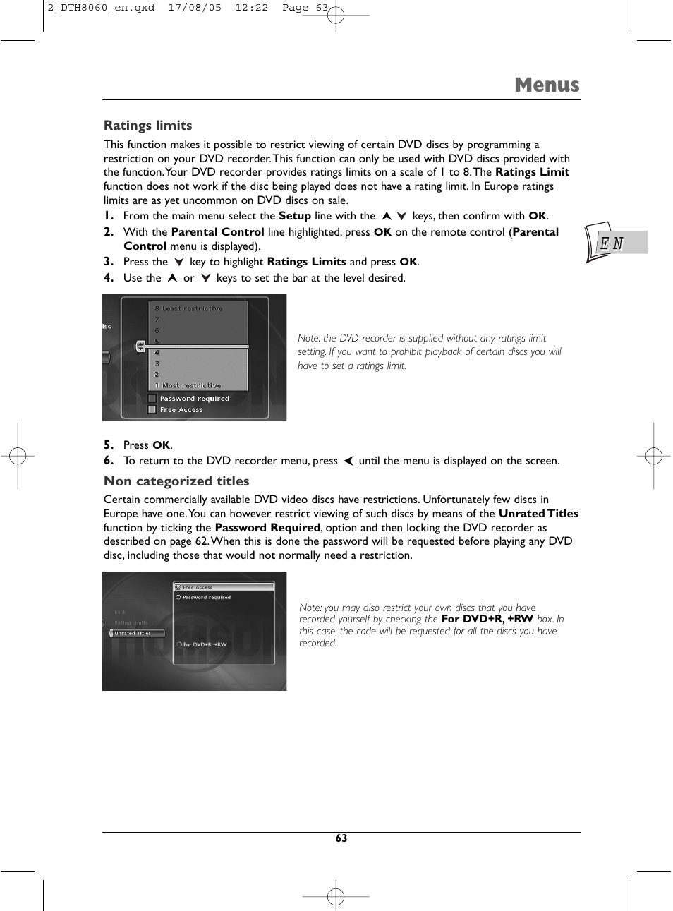 Menus | Technicolor - Thomson DTH8060 User Manual | Page 63 / 75