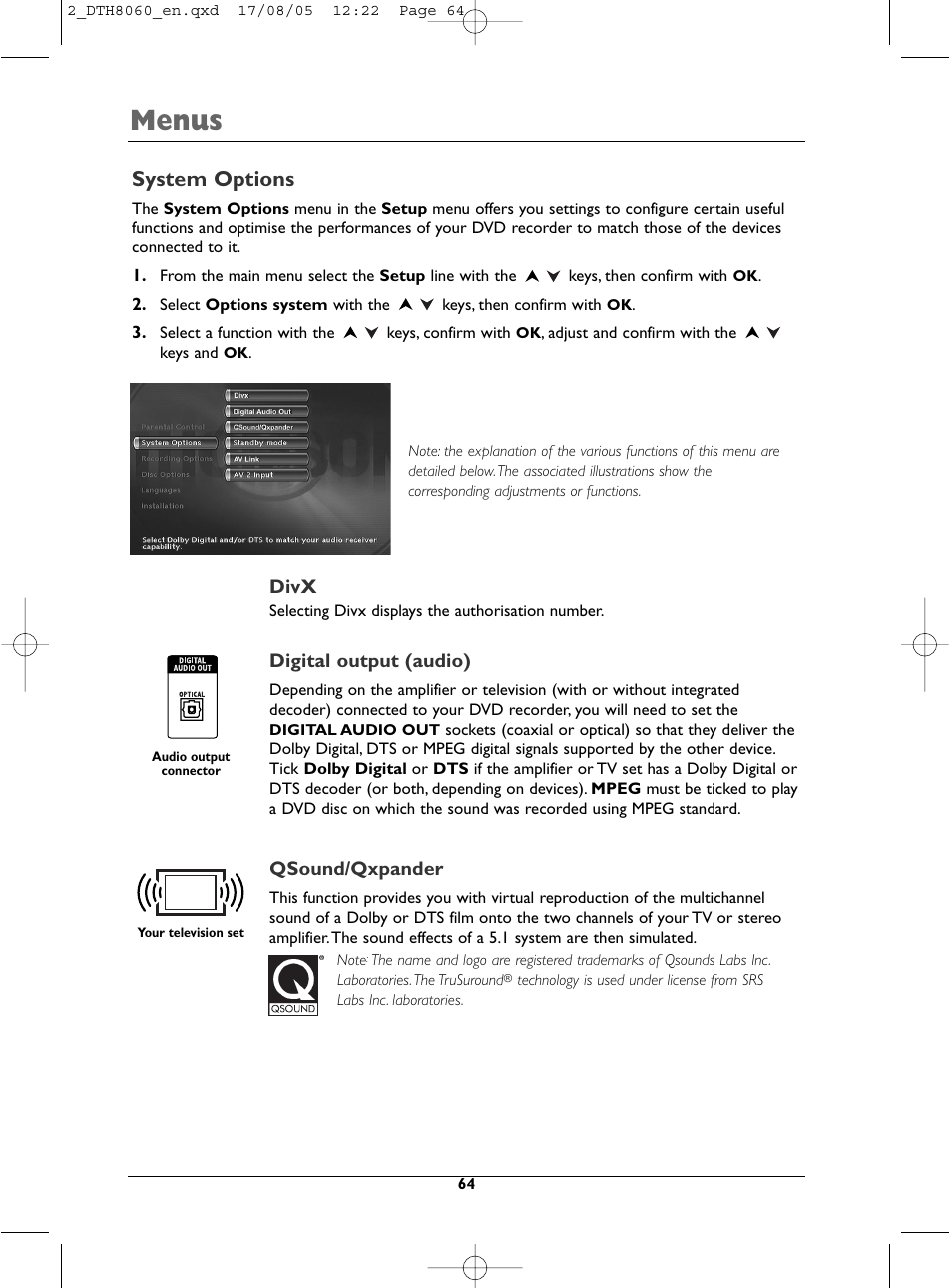 Menus, System options | Technicolor - Thomson DTH8060 User Manual | Page 64 / 75