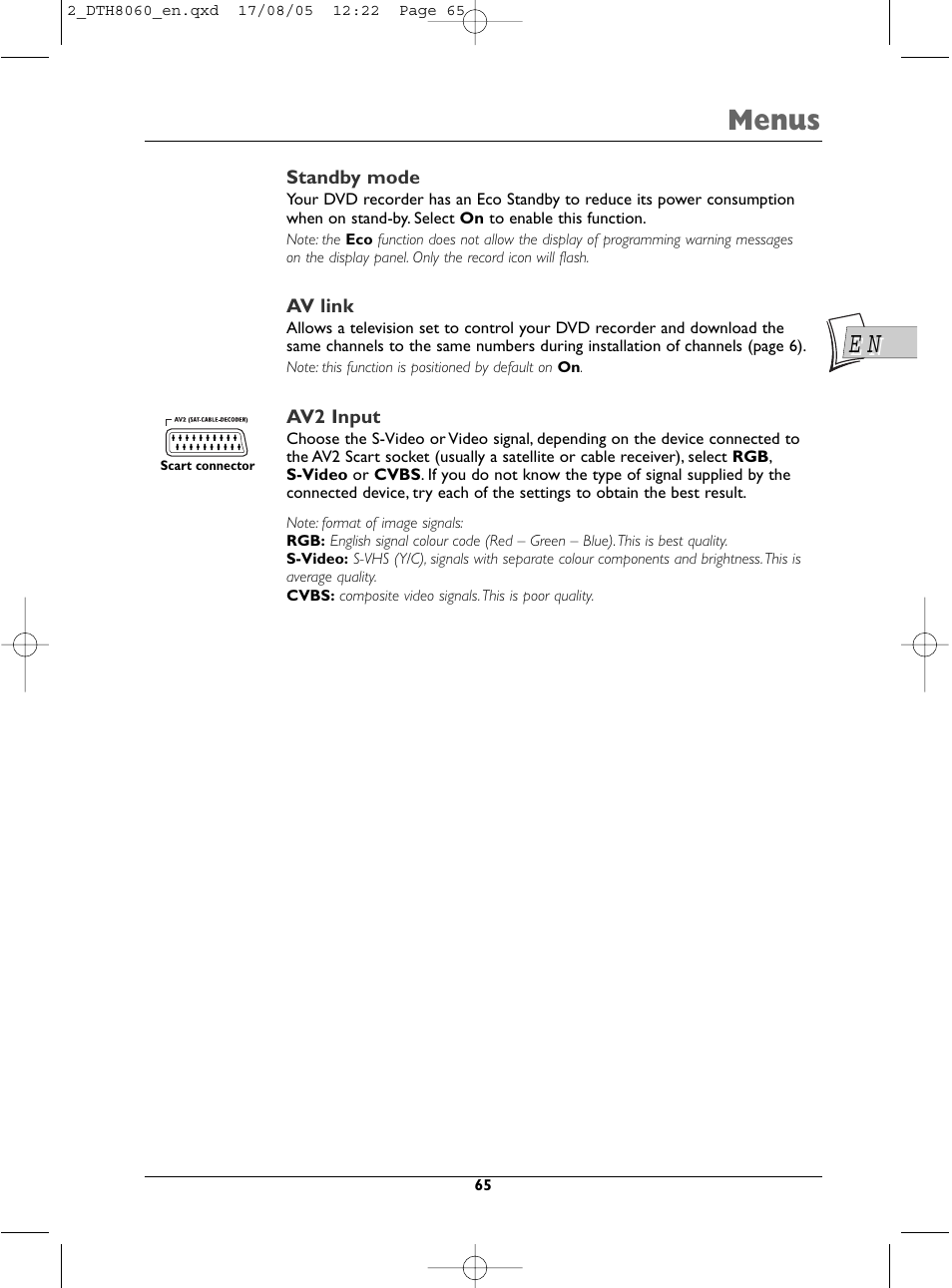 Menus | Technicolor - Thomson DTH8060 User Manual | Page 65 / 75