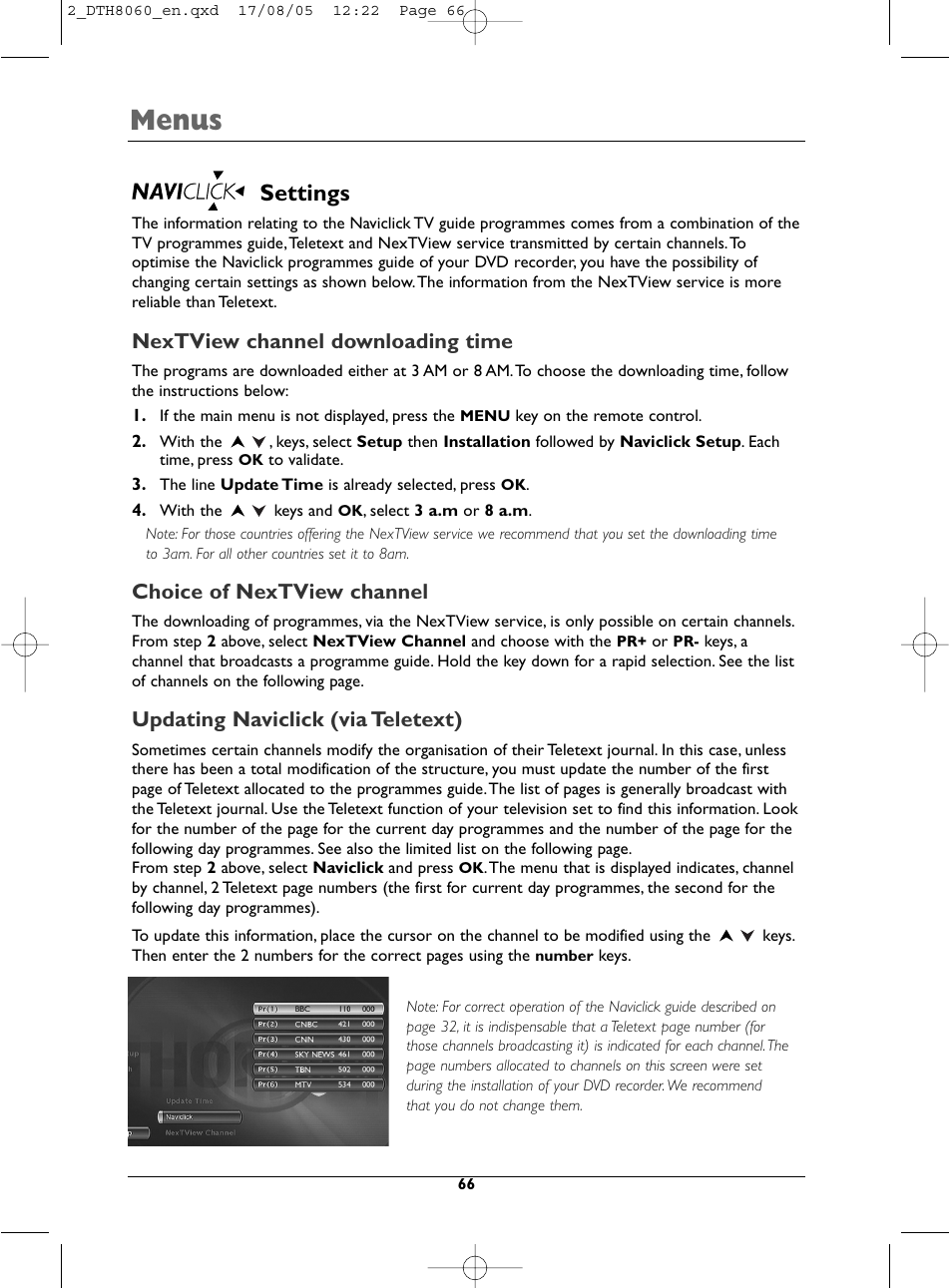 Menus, Settings, Nextview channel downloading time | Choice of nextview channel, Updating naviclick (via teletext) | Technicolor - Thomson DTH8060 User Manual | Page 66 / 75