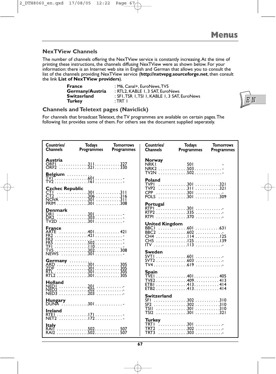 Menus | Technicolor - Thomson DTH8060 User Manual | Page 67 / 75