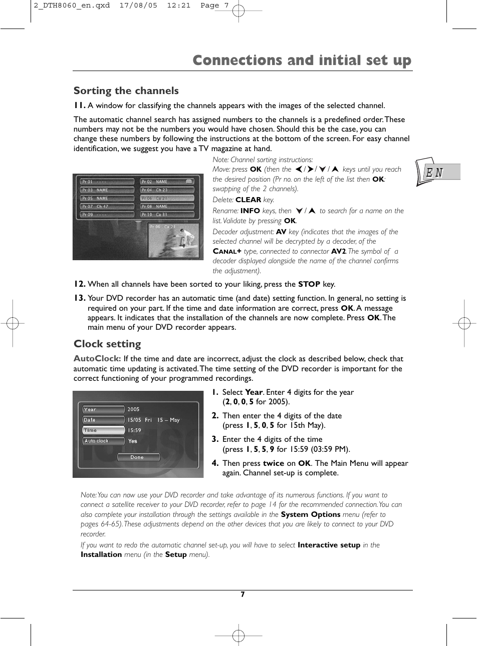 Connections and initial set up, Sorting the channels, Clock setting | Technicolor - Thomson DTH8060 User Manual | Page 7 / 75