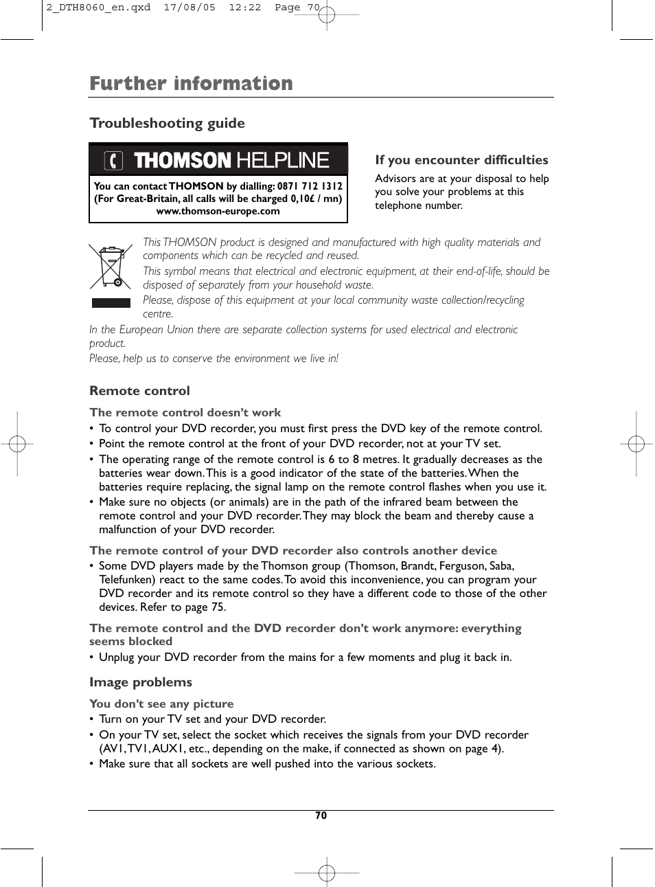 Further information, Troubleshooting guide | Technicolor - Thomson DTH8060 User Manual | Page 70 / 75