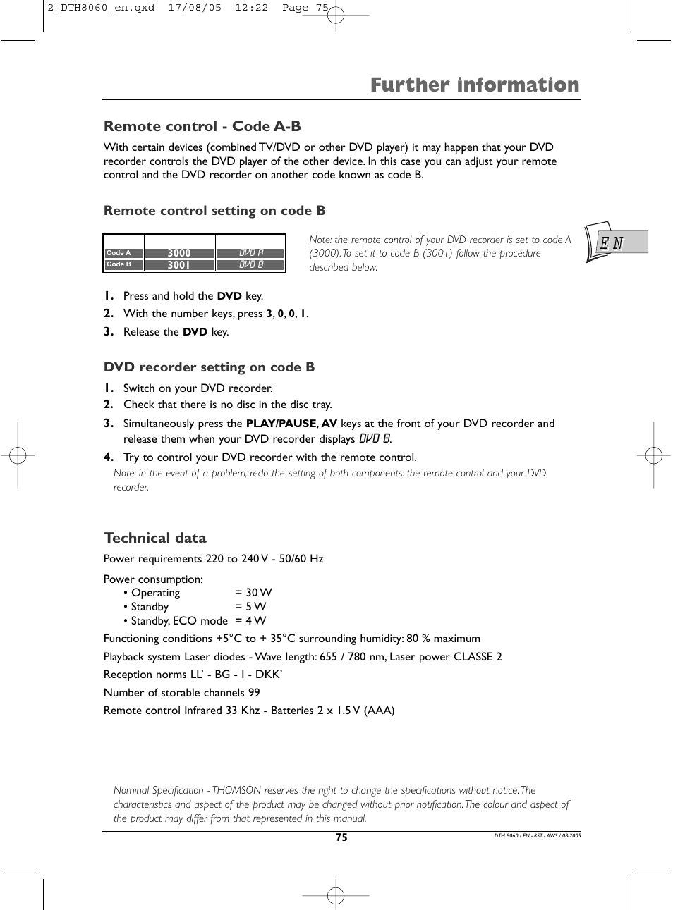 Further information, Remote control - code a-b, Technical data | Technicolor - Thomson DTH8060 User Manual | Page 75 / 75