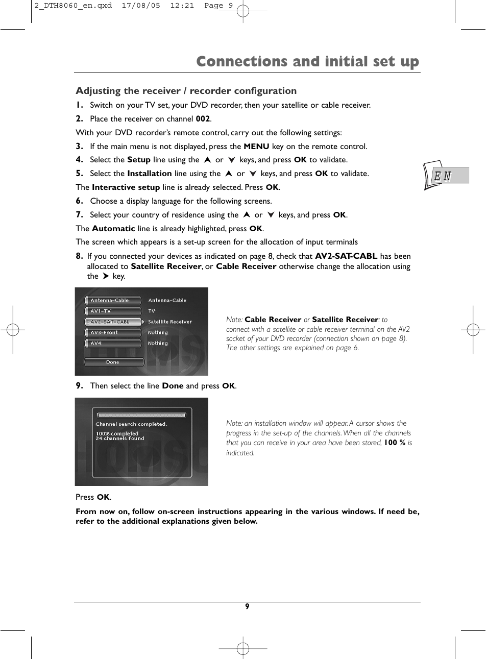 Connections and initial set up | Technicolor - Thomson DTH8060 User Manual | Page 9 / 75