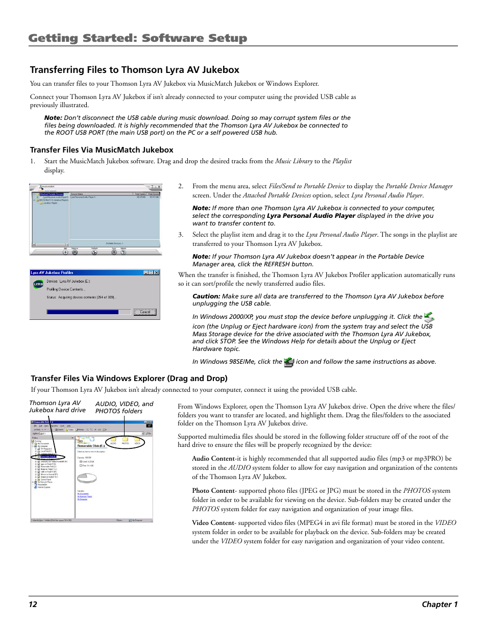Transferring files to thomson lyra av jukebox, Getting started: software setup | Technicolor - Thomson RCA Lyra PDP2860 User Manual | Page 14 / 40