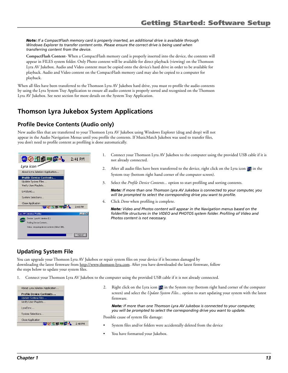 Updating system file, Thomson lyra jukebox system applications, Profile device contents (audio only) | Getting started: software setup | Technicolor - Thomson RCA Lyra PDP2860 User Manual | Page 15 / 40