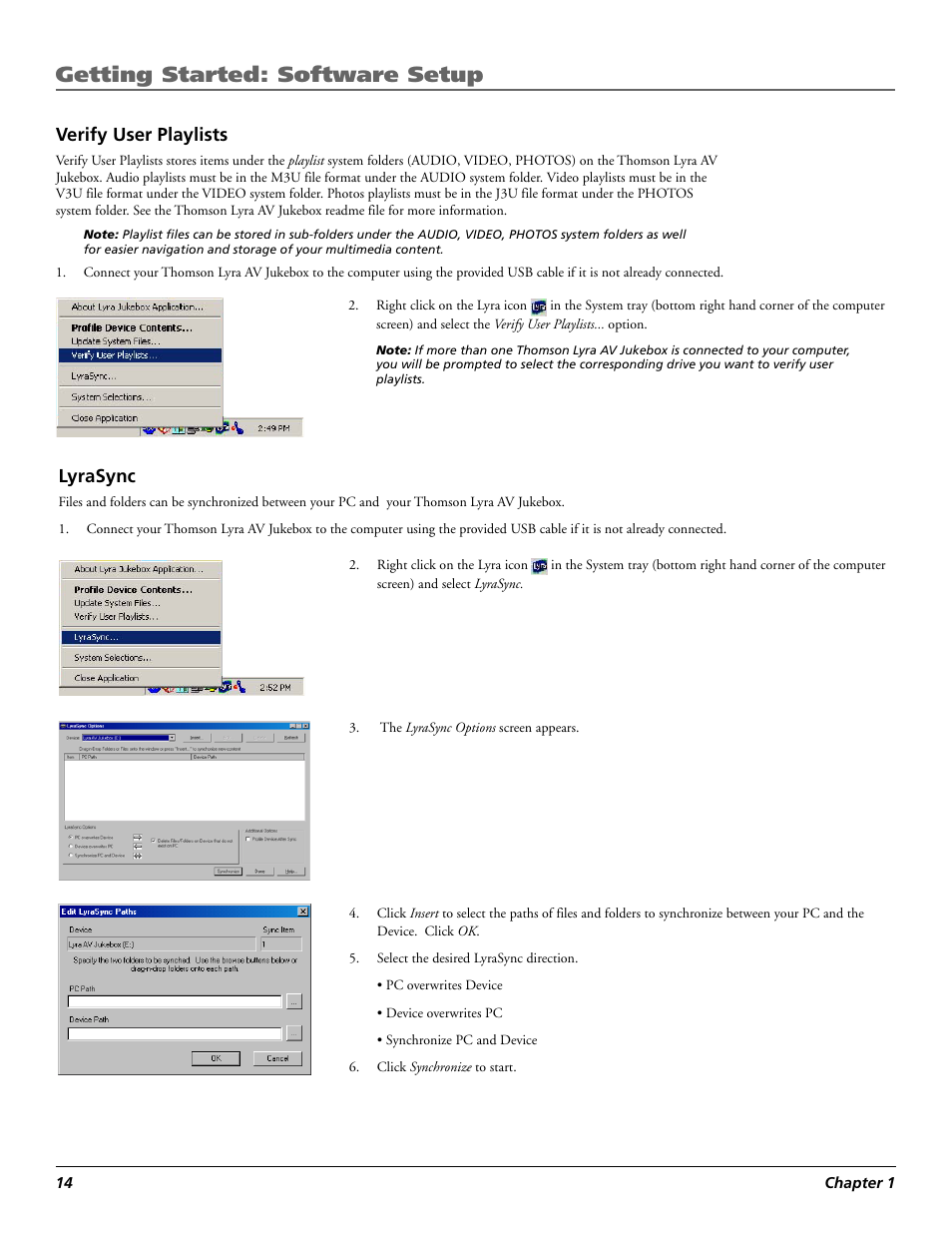 Verify user playlists, Lyrasync, Getting started: software setup | Technicolor - Thomson RCA Lyra PDP2860 User Manual | Page 16 / 40