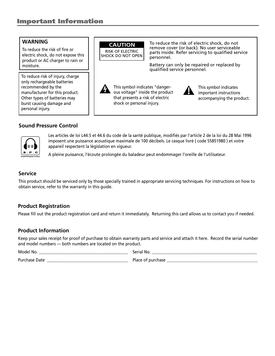 Product registration, Product information, Service | Sound pressure control, Warning, Important information | Technicolor - Thomson RCA Lyra PDP2860 User Manual | Page 2 / 40