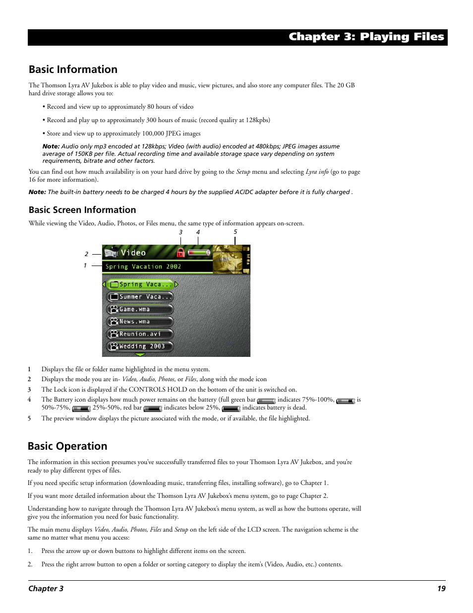 Basic operation, Basic information, Basic screen information | Chapter 3: playing files | Technicolor - Thomson RCA Lyra PDP2860 User Manual | Page 21 / 40