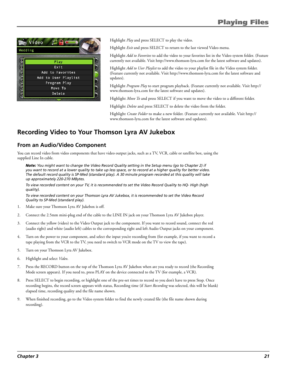 Recording video to your thomson lyra av jukebox, From an audio/video component, Playing files | Technicolor - Thomson RCA Lyra PDP2860 User Manual | Page 23 / 40