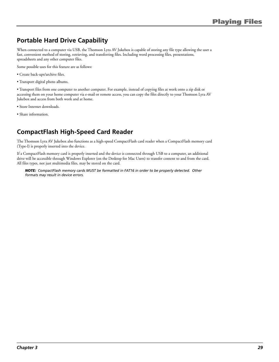 Portable hard drive capability, Compactflash high-speed card reader, Playing files | Technicolor - Thomson RCA Lyra PDP2860 User Manual | Page 31 / 40