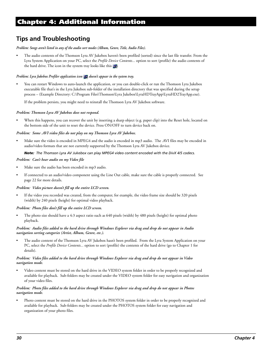 Tips and troubleshooting, Chapter 4: additional information | Technicolor - Thomson RCA Lyra PDP2860 User Manual | Page 32 / 40