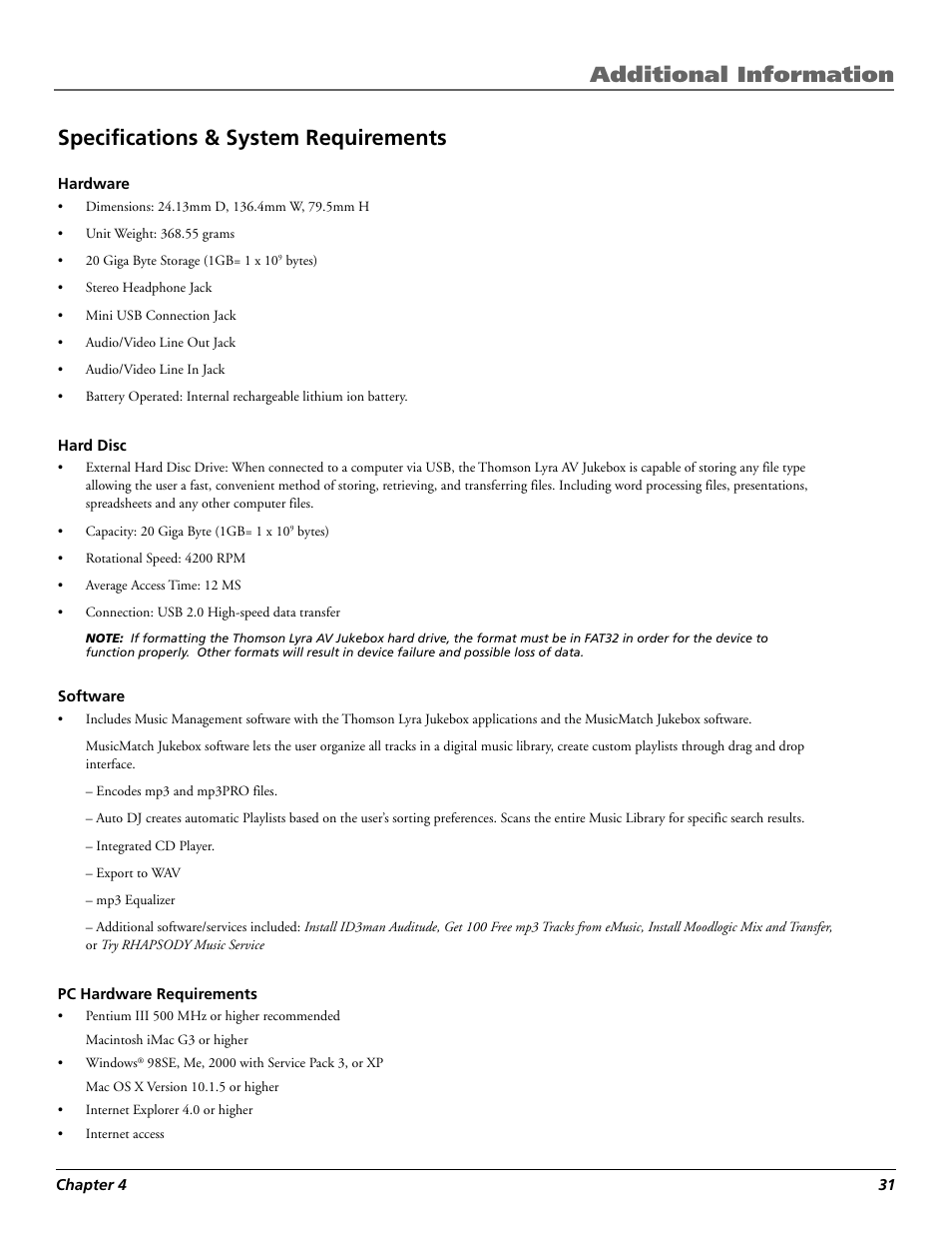 Specifications & system requirements, Additional information | Technicolor - Thomson RCA Lyra PDP2860 User Manual | Page 33 / 40