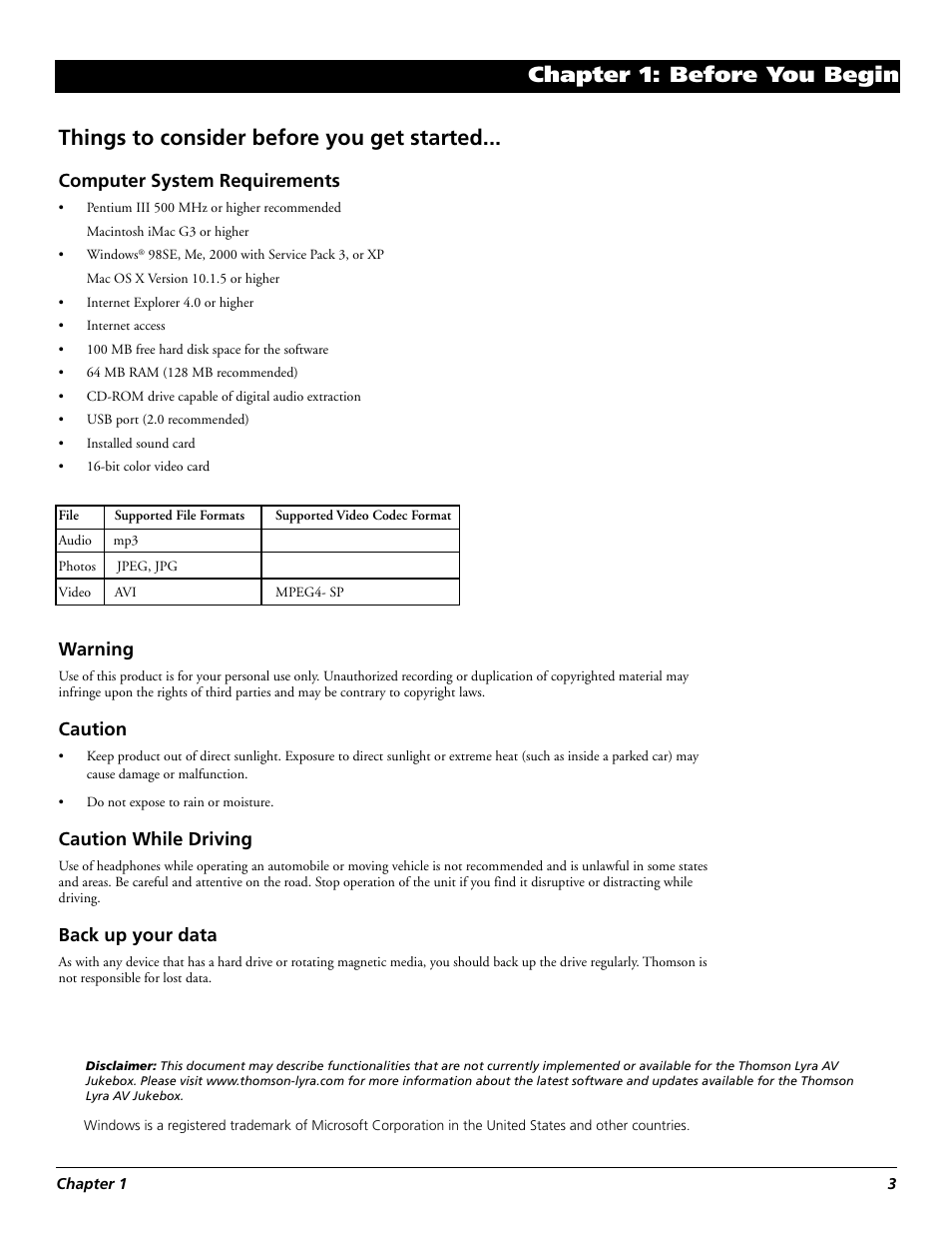 Things to consider before you get started, Computer system requirements, Warning | Caution, Caution while driving, Back up your data | Technicolor - Thomson RCA Lyra PDP2860 User Manual | Page 5 / 40