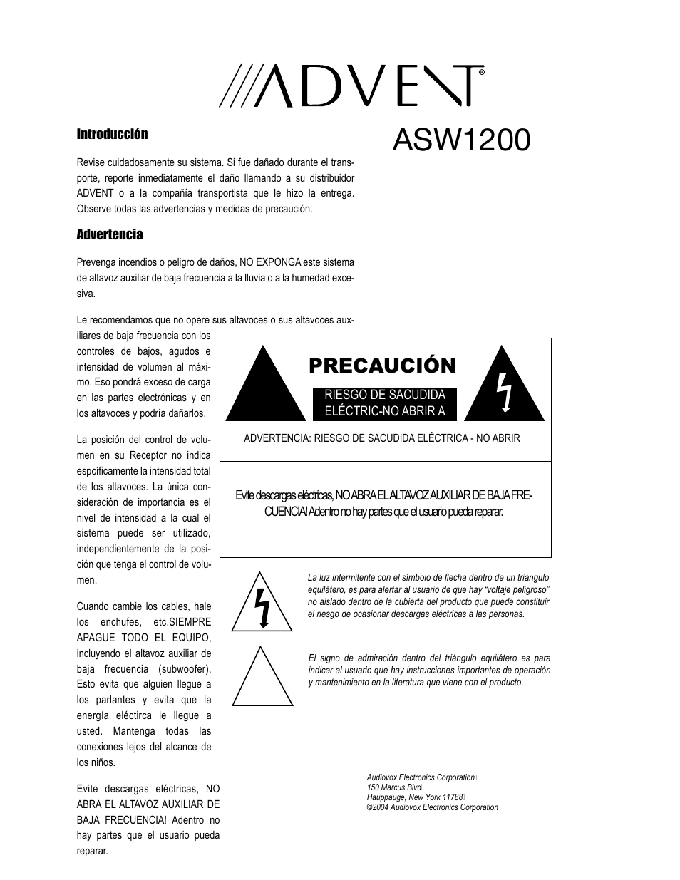 Asw1200, Precaución | Technicolor - Thomson Advent User Manual | Page 10 / 12