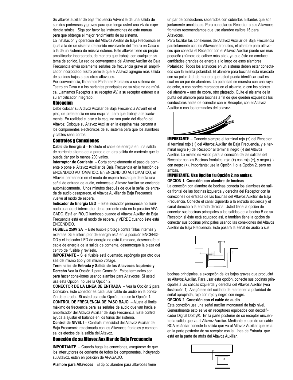 Ubicación, Controles y conexiones, Conexión de su altavoz auxiliar de baja frecuencia | Technicolor - Thomson Advent User Manual | Page 11 / 12