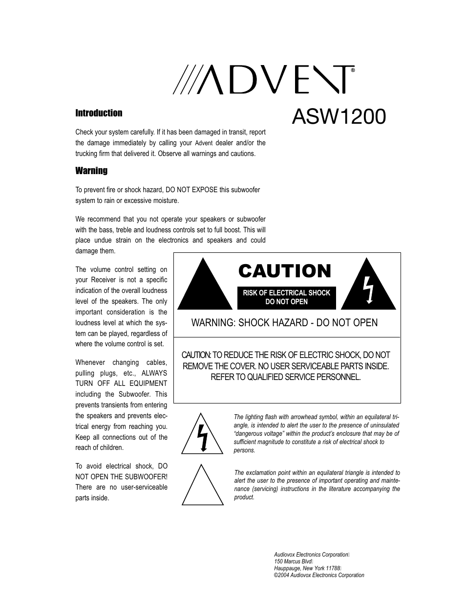 Asw1200, Caution | Technicolor - Thomson Advent User Manual | Page 2 / 12