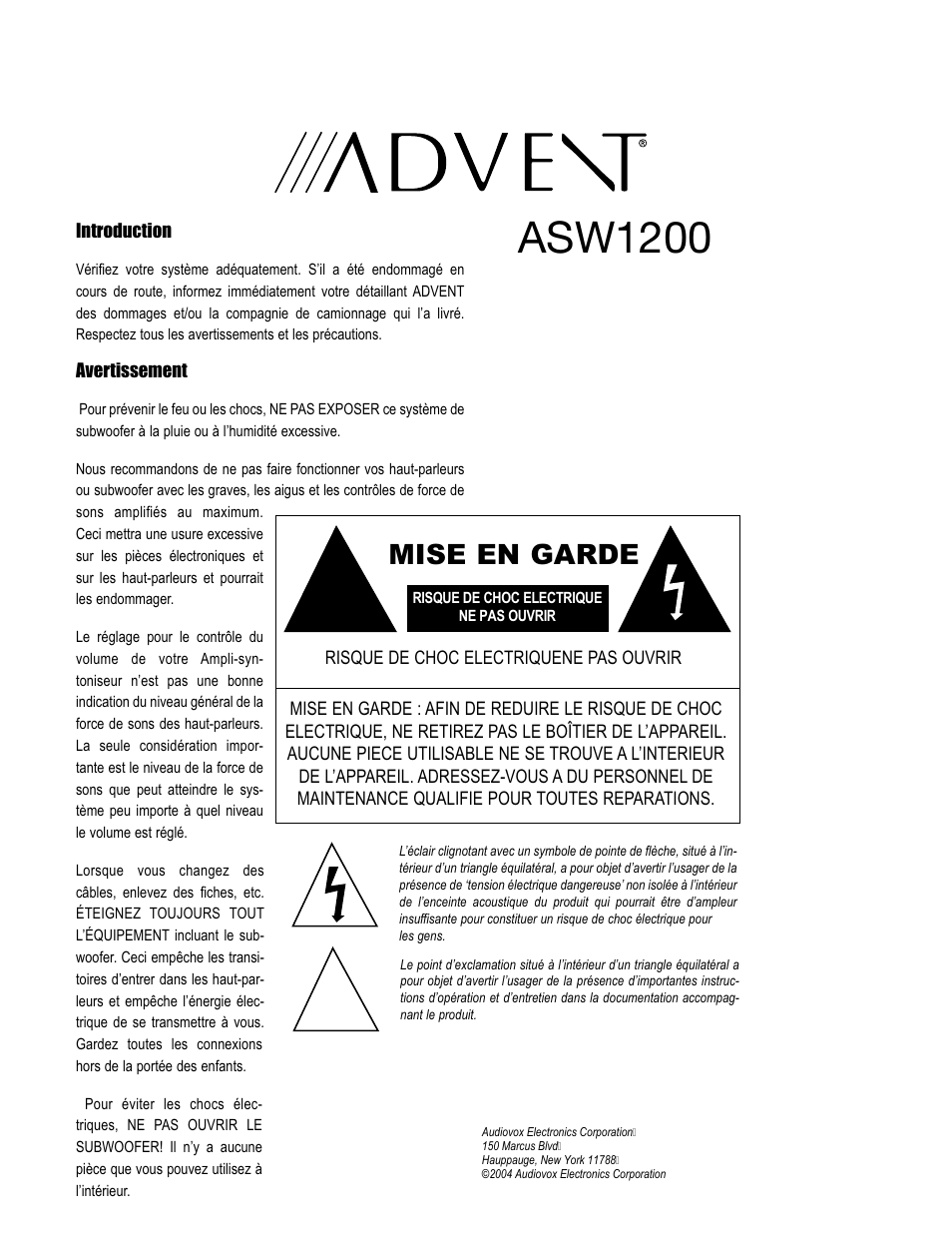 Asw1200, Mise en garde | Technicolor - Thomson Advent User Manual | Page 6 / 12