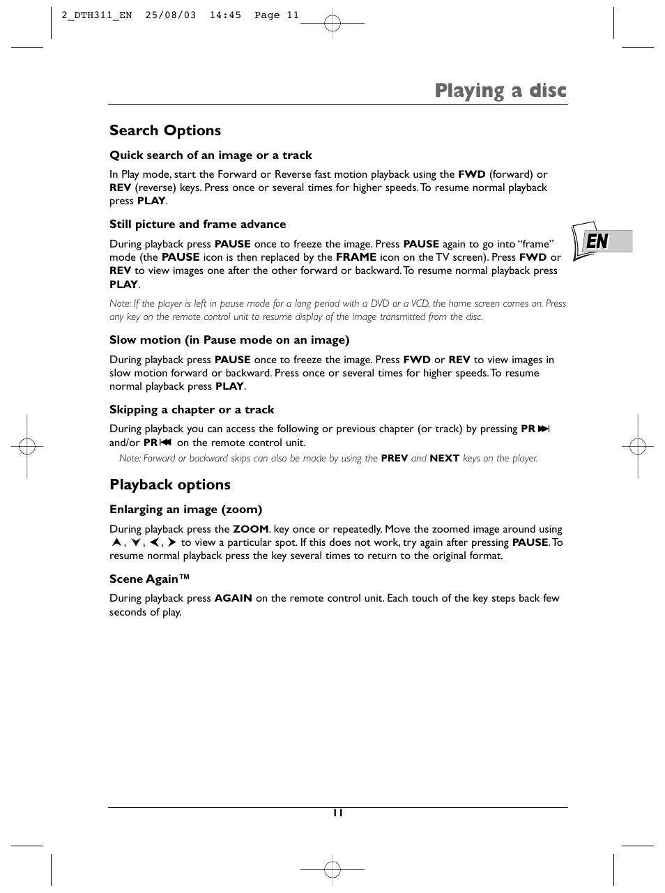 Playing a disc, Search options, Playback options | Technicolor - Thomson DTH311 User Manual | Page 11 / 30