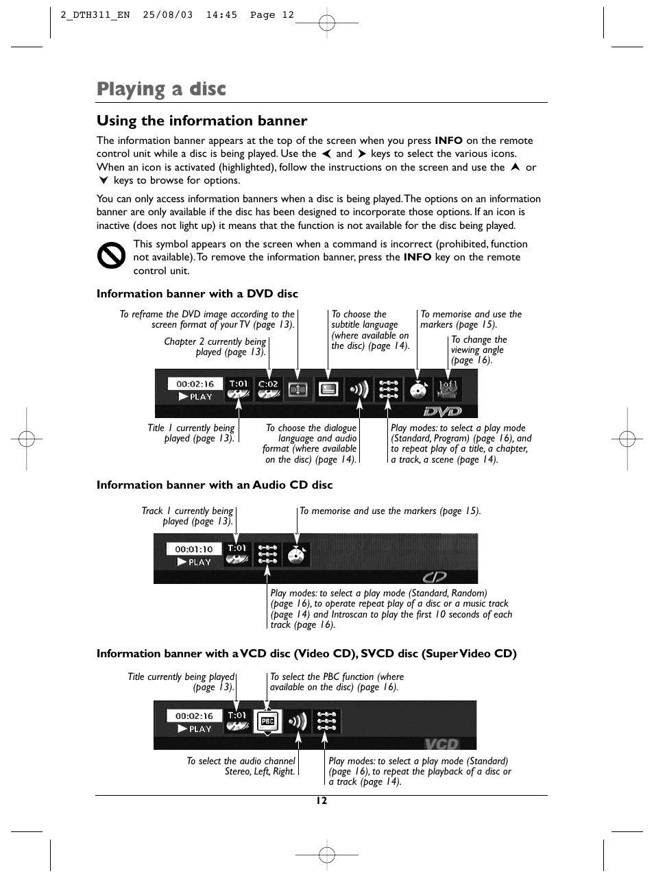 Playing a disc, Using the information banner | Technicolor - Thomson DTH311 User Manual | Page 12 / 30