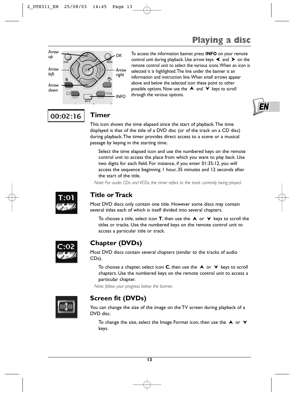 Playing a disc, Timer, Title or track | Chapter (dvds), Screen fit (dvds) | Technicolor - Thomson DTH311 User Manual | Page 13 / 30