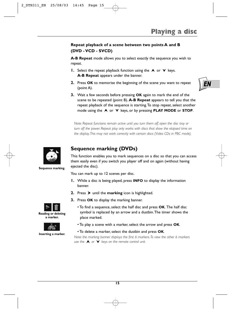 Playing a disc, Sequence marking (dvds) | Technicolor - Thomson DTH311 User Manual | Page 15 / 30