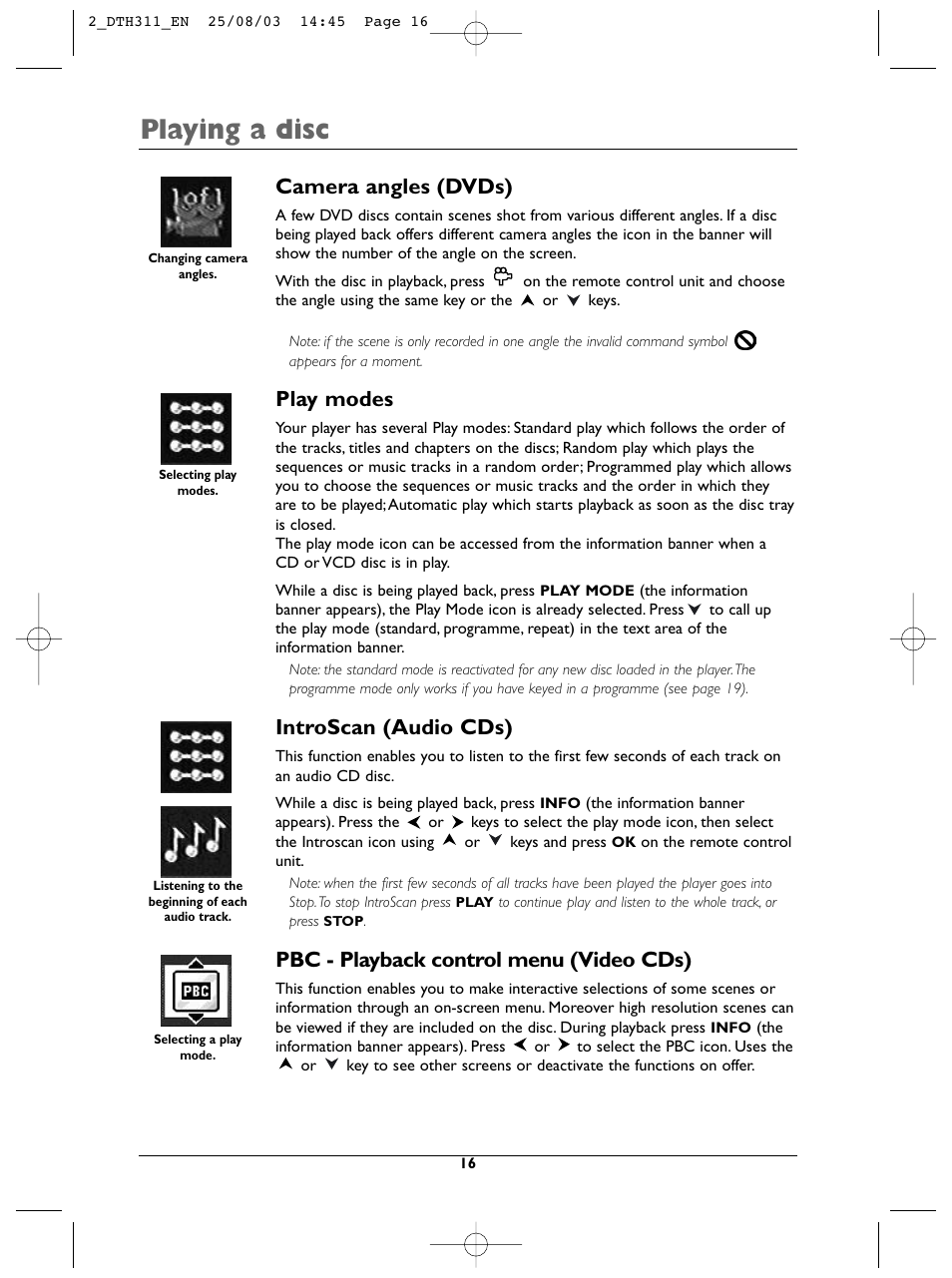 Playing a disc, Camera angles (dvds), Play modes | Introscan (audio cds), Pbc - playback control menu (video cds) | Technicolor - Thomson DTH311 User Manual | Page 16 / 30