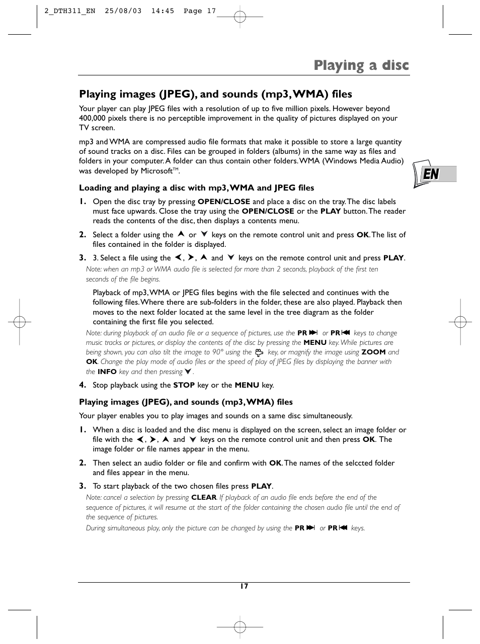 Playing a disc, Playing images (jpeg), and sounds (mp3,wma) files | Technicolor - Thomson DTH311 User Manual | Page 17 / 30