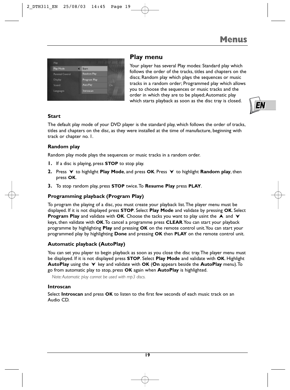 Menus, Play menu | Technicolor - Thomson DTH311 User Manual | Page 19 / 30