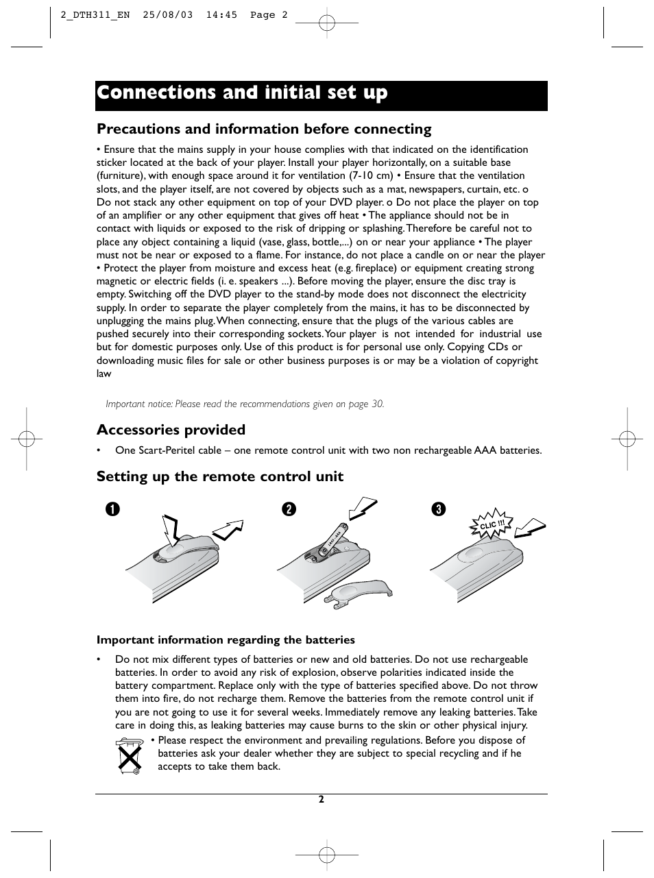 Connections and initial set up | Technicolor - Thomson DTH311 User Manual | Page 2 / 30