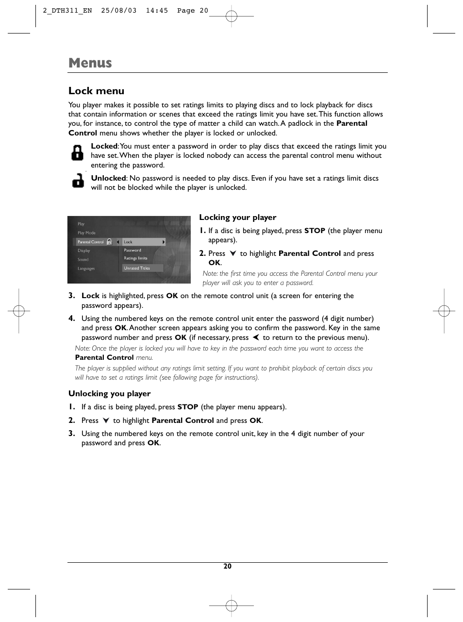 Menus, Lock menu | Technicolor - Thomson DTH311 User Manual | Page 20 / 30