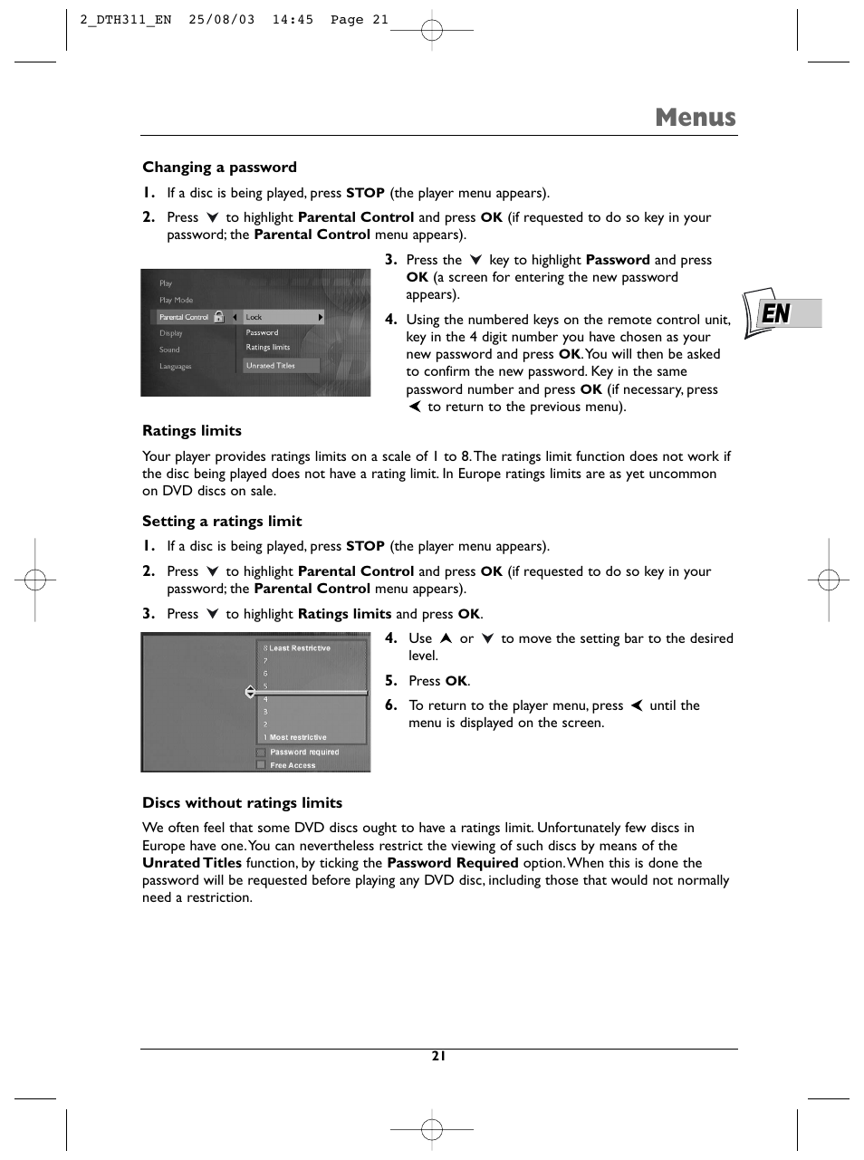 Menus | Technicolor - Thomson DTH311 User Manual | Page 21 / 30