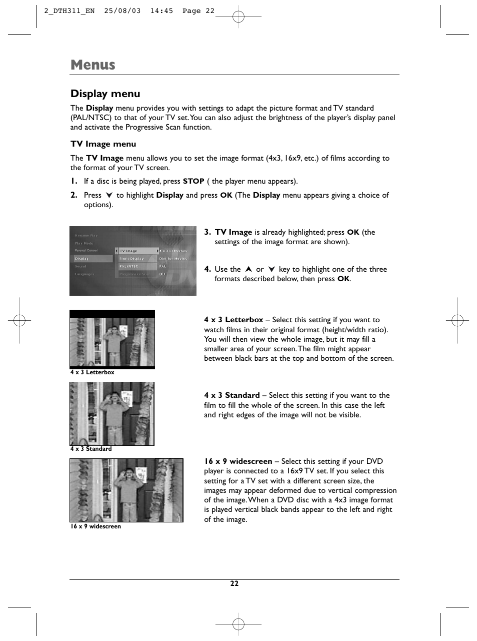 Menus, Display menu | Technicolor - Thomson DTH311 User Manual | Page 22 / 30