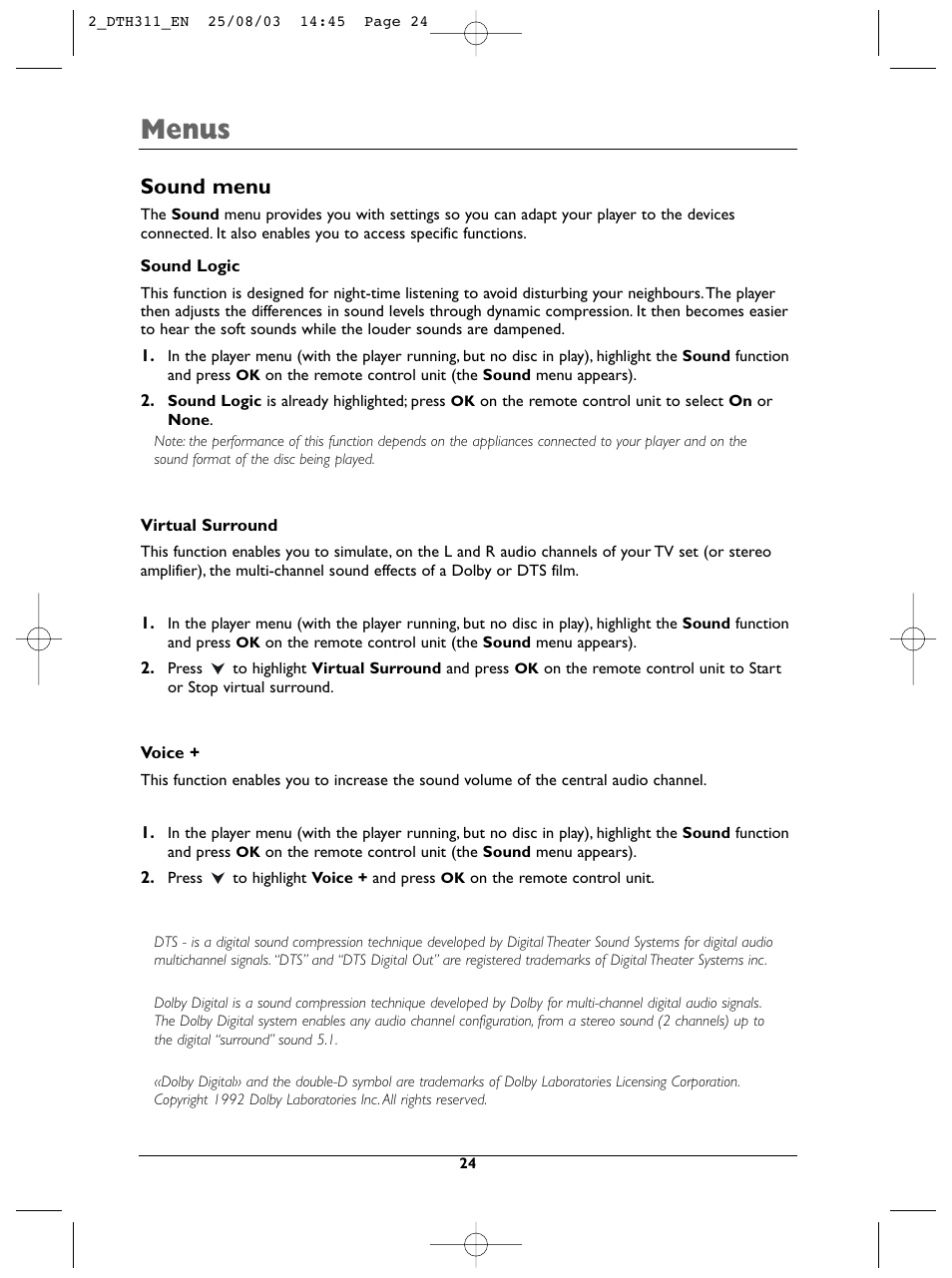 Menus, Sound menu | Technicolor - Thomson DTH311 User Manual | Page 24 / 30