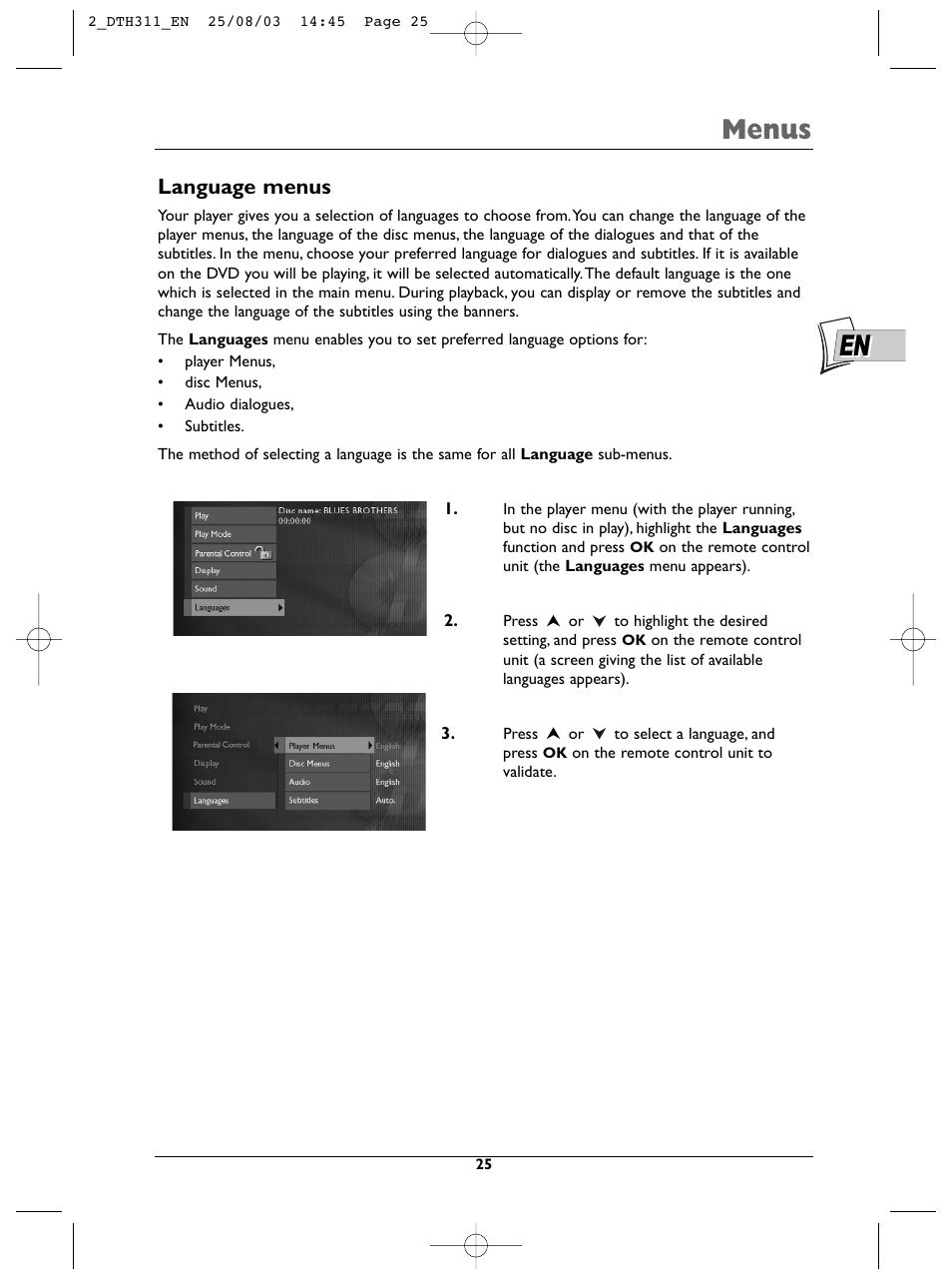 Menus, Language menus | Technicolor - Thomson DTH311 User Manual | Page 25 / 30