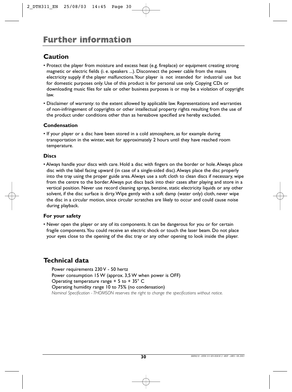 Further information, Caution, Technical data | Technicolor - Thomson DTH311 User Manual | Page 30 / 30