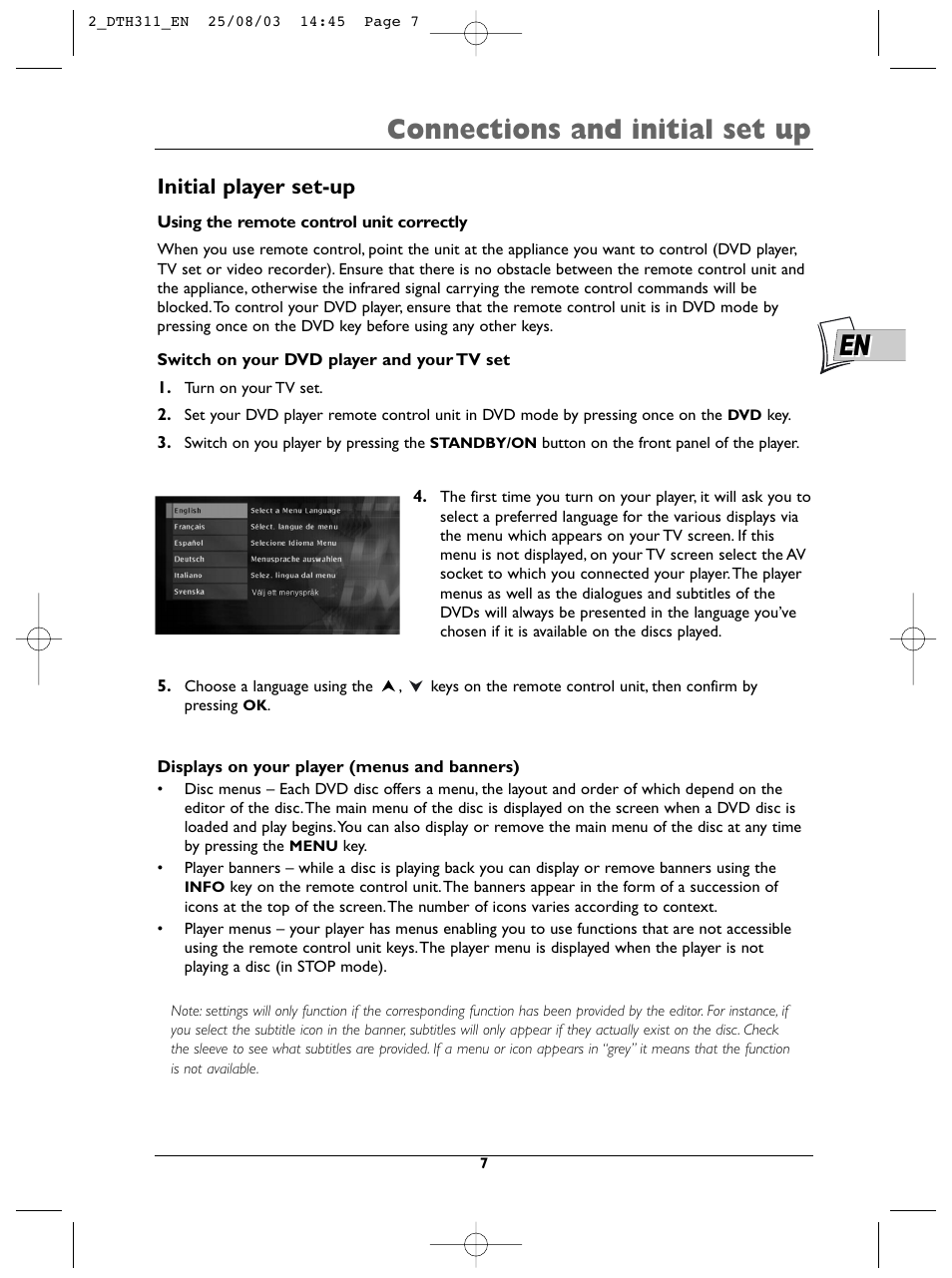 Connections and initial set up, Initial player set-up | Technicolor - Thomson DTH311 User Manual | Page 7 / 30