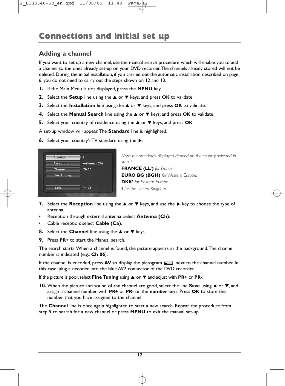 Connections and initial set up, Adding a channel | Technicolor - Thomson DTH 8540 User Manual | Page 12 / 75