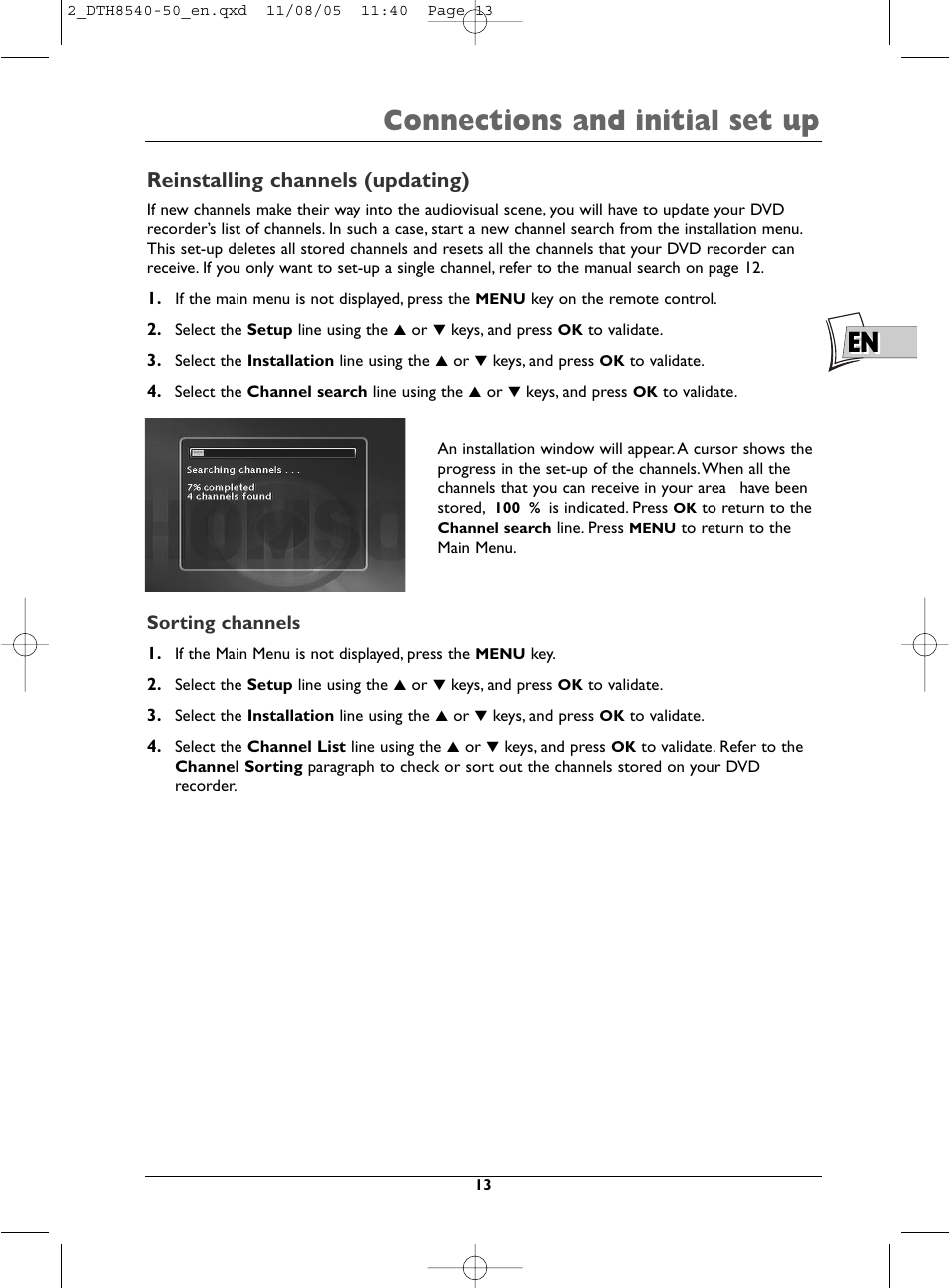 Connections and initial set up, Reinstalling channels (updating) | Technicolor - Thomson DTH 8540 User Manual | Page 13 / 75