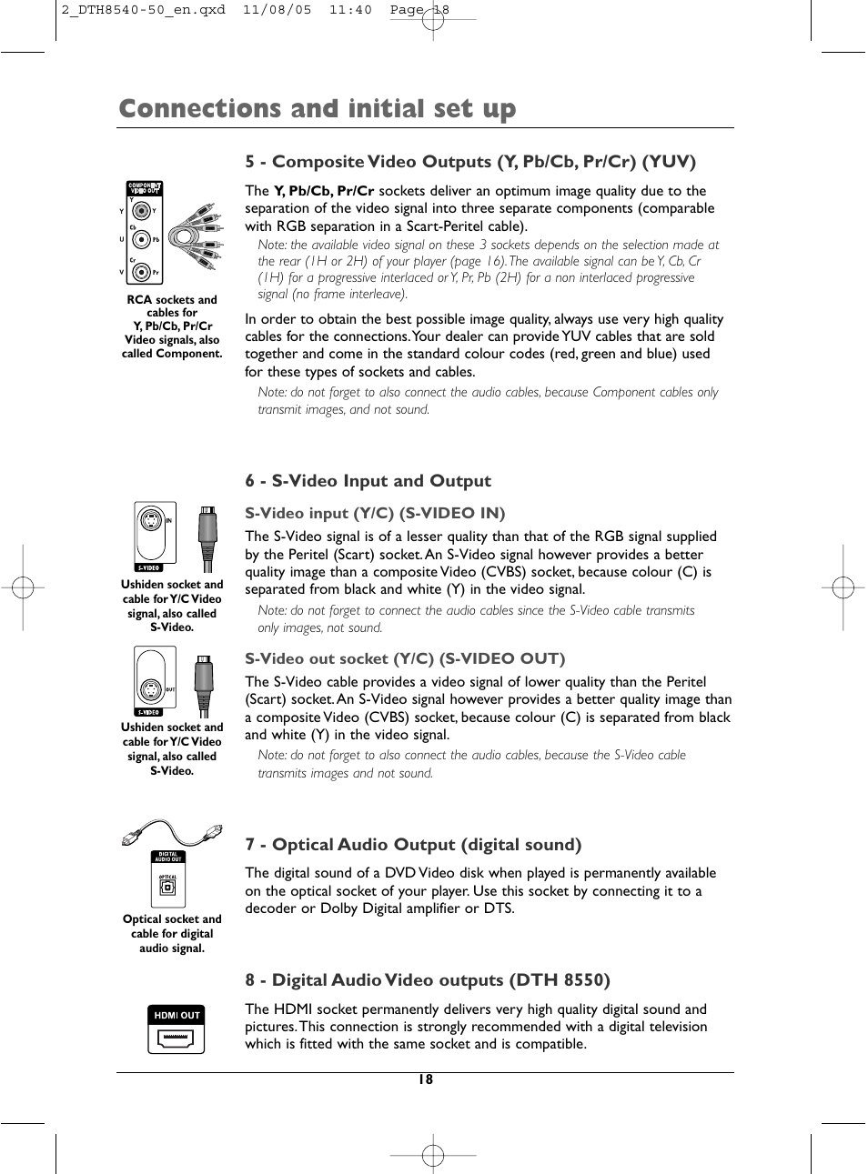 Connections and initial set up, 6 - s-video input and output, 7 - optical audio output (digital sound) | Technicolor - Thomson DTH 8540 User Manual | Page 18 / 75