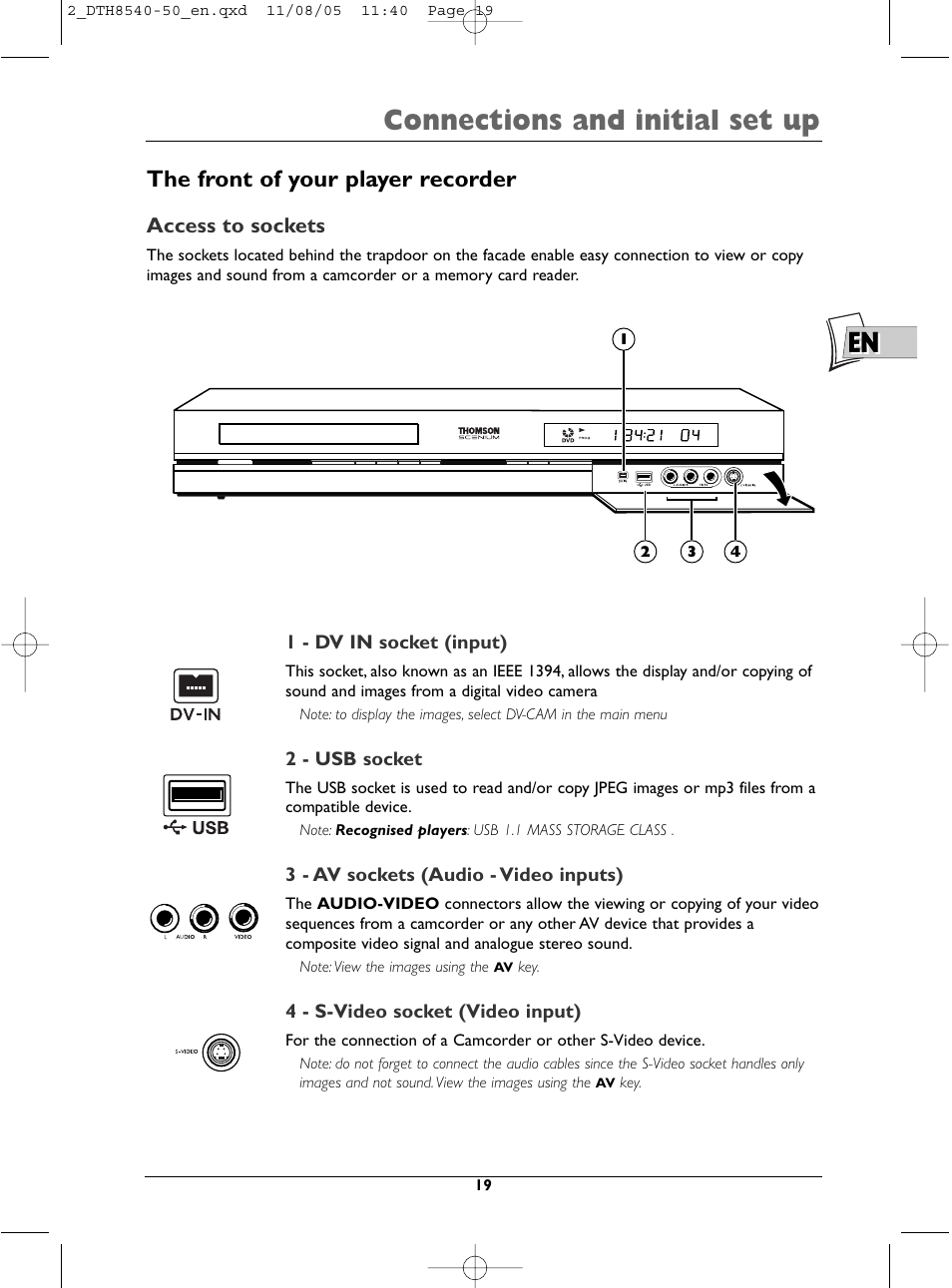 Connections and initial set up, The front of your player recorder | Technicolor - Thomson DTH 8540 User Manual | Page 19 / 75