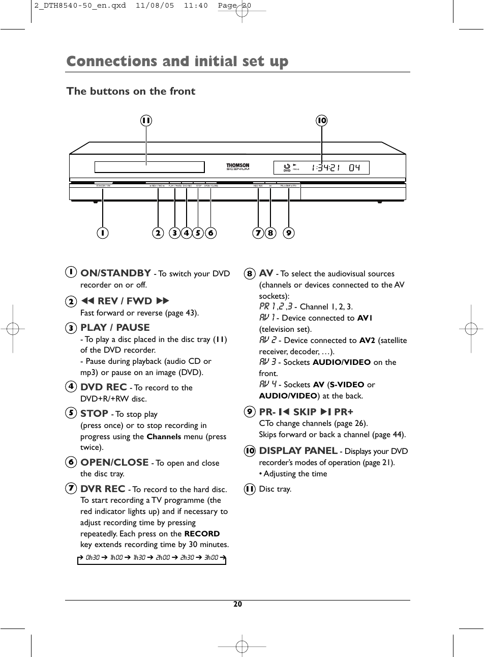 Connections and initial set up, The buttons on the front | Technicolor - Thomson DTH 8540 User Manual | Page 20 / 75