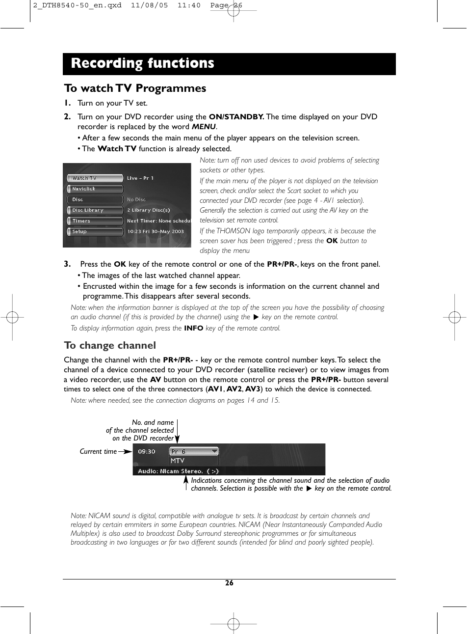 Recording functions | Technicolor - Thomson DTH 8540 User Manual | Page 26 / 75