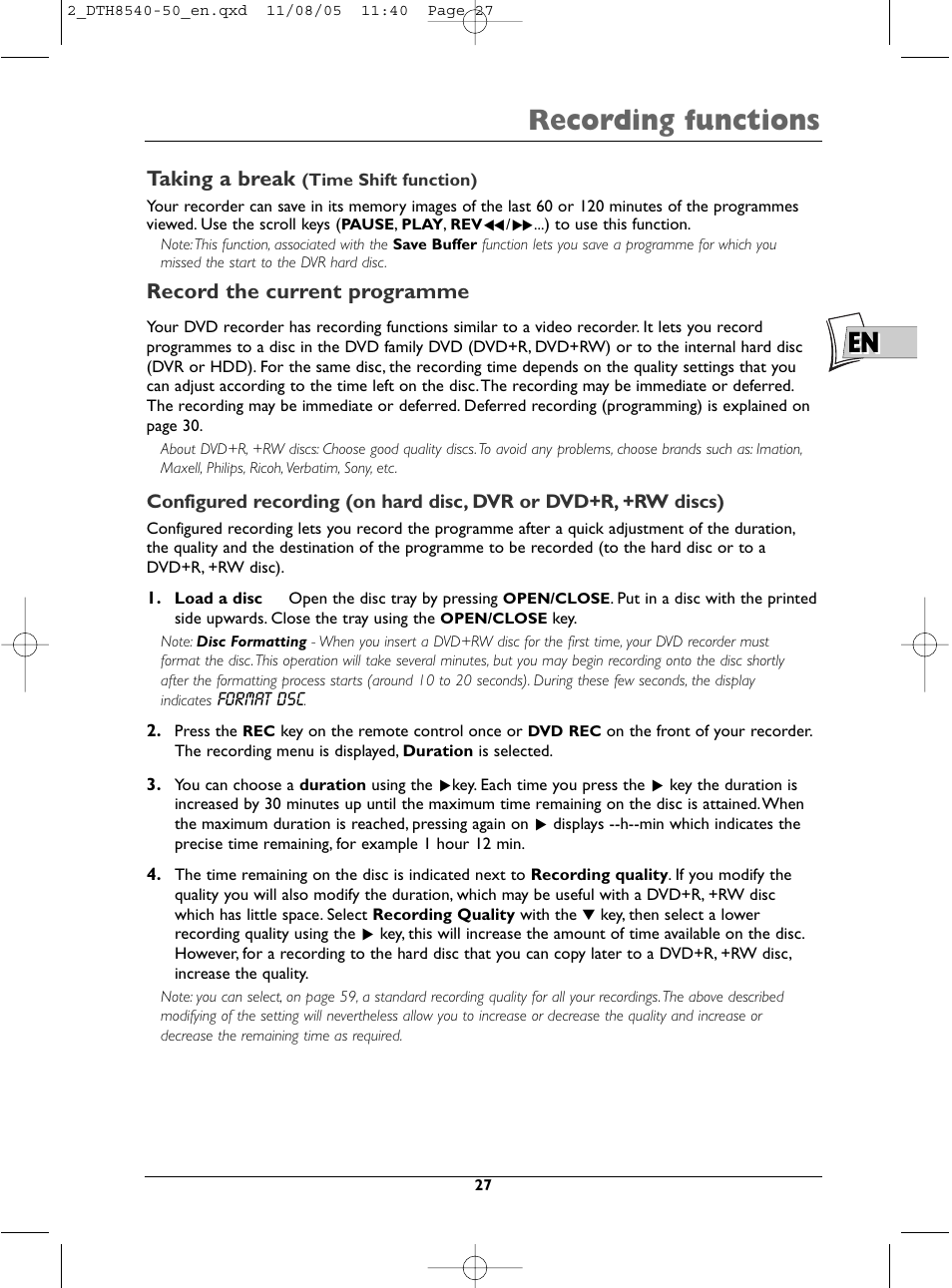 Recording functions, Taking a break, Record the current programme | Technicolor - Thomson DTH 8540 User Manual | Page 27 / 75