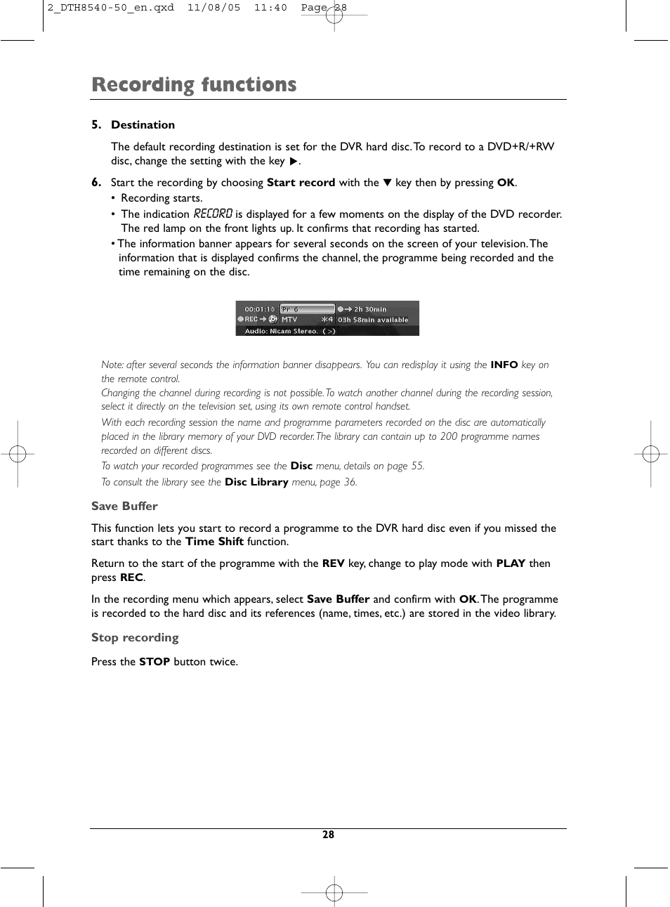 Recording functions | Technicolor - Thomson DTH 8540 User Manual | Page 28 / 75