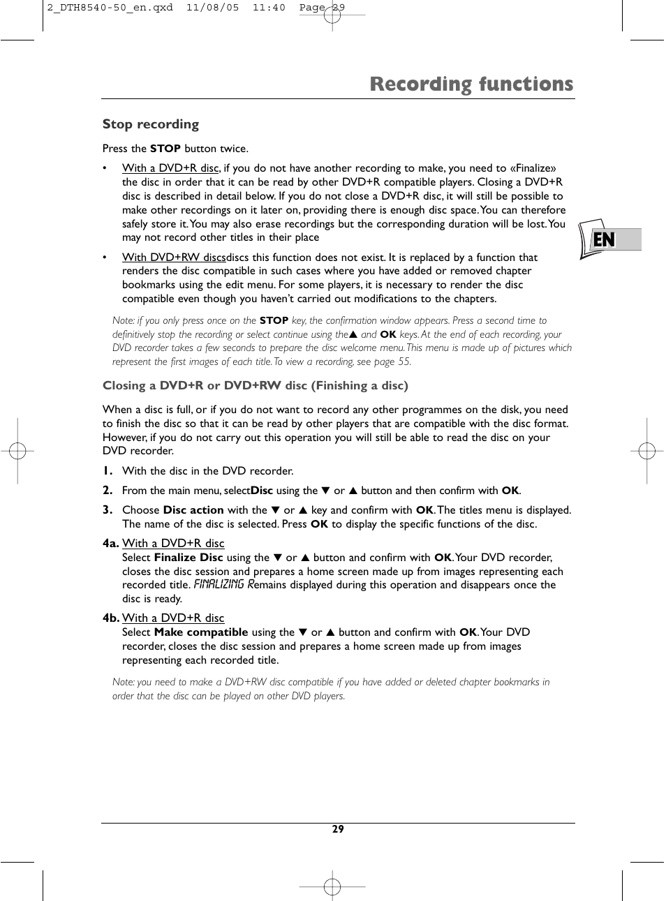 Recording functions | Technicolor - Thomson DTH 8540 User Manual | Page 29 / 75