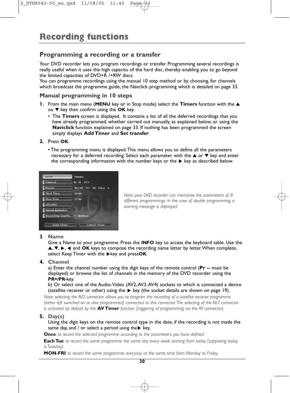 Recording functions, Programming a recording or a transfer | Technicolor - Thomson DTH 8540 User Manual | Page 30 / 75